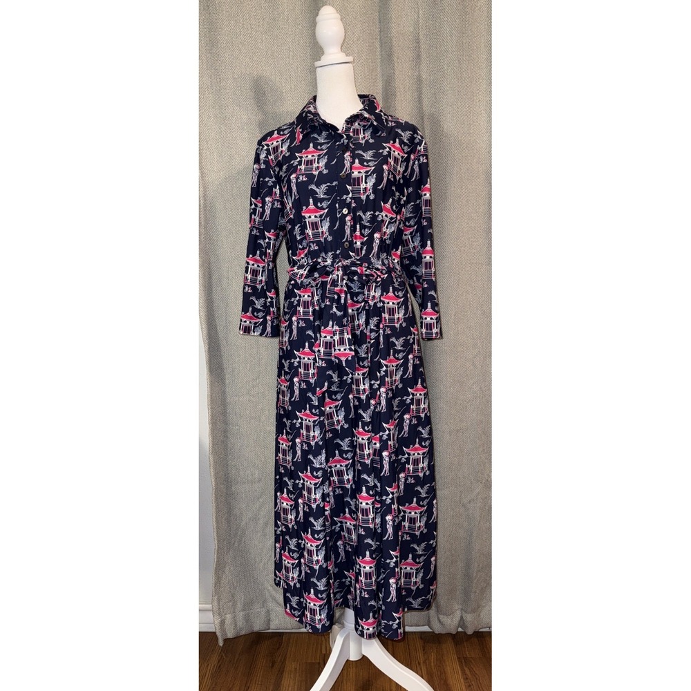 Jude Conally Kitty Midi Dress Women's Size Large Navy Pagoda Jude Cloth